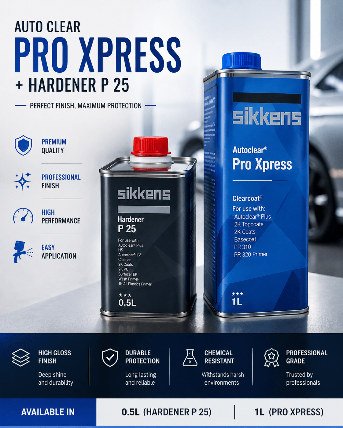 Professional Sikken Auto Clear Pro Xpress clear coat and Hardener P25 kit delivering high gloss finish, UV protection.