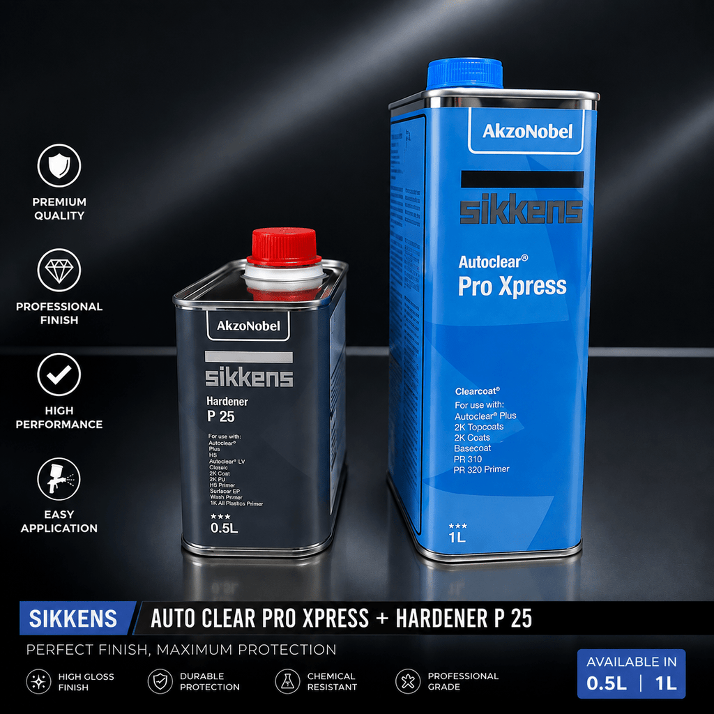 Sikkens Auto Clear Pro Xpress automotive clear coat with Hardener P25 for fast drying, chemical resistance.