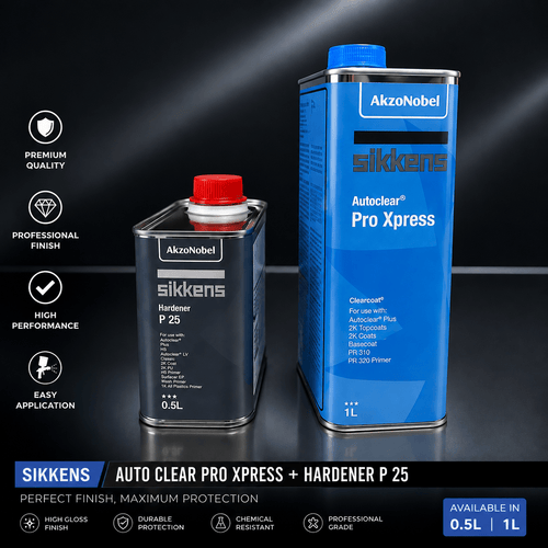 Sikkens Auto Clear Pro Xpress automotive clear coat with Hardener P25 for fast drying, chemical resistance.
